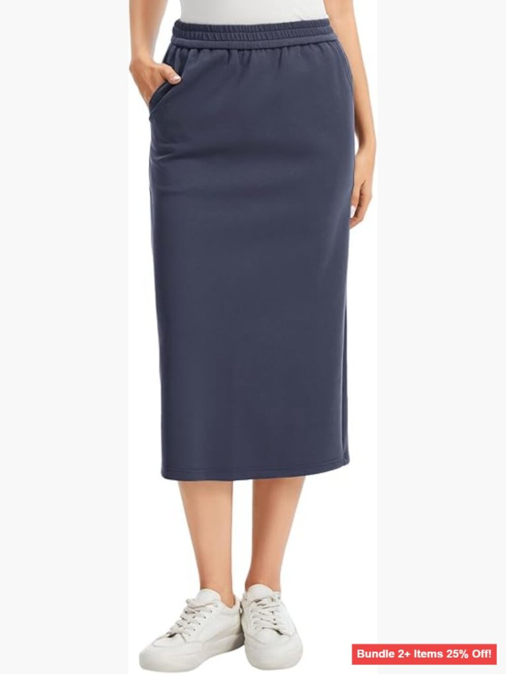 Midi Sweat Skirt with Pockets and Back Slit, Elastic Waist